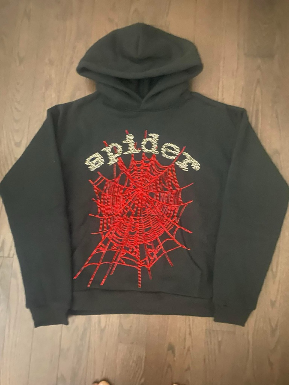 Black spider Hoodie with Red Spiderweb and Cream Logo spider hoodies